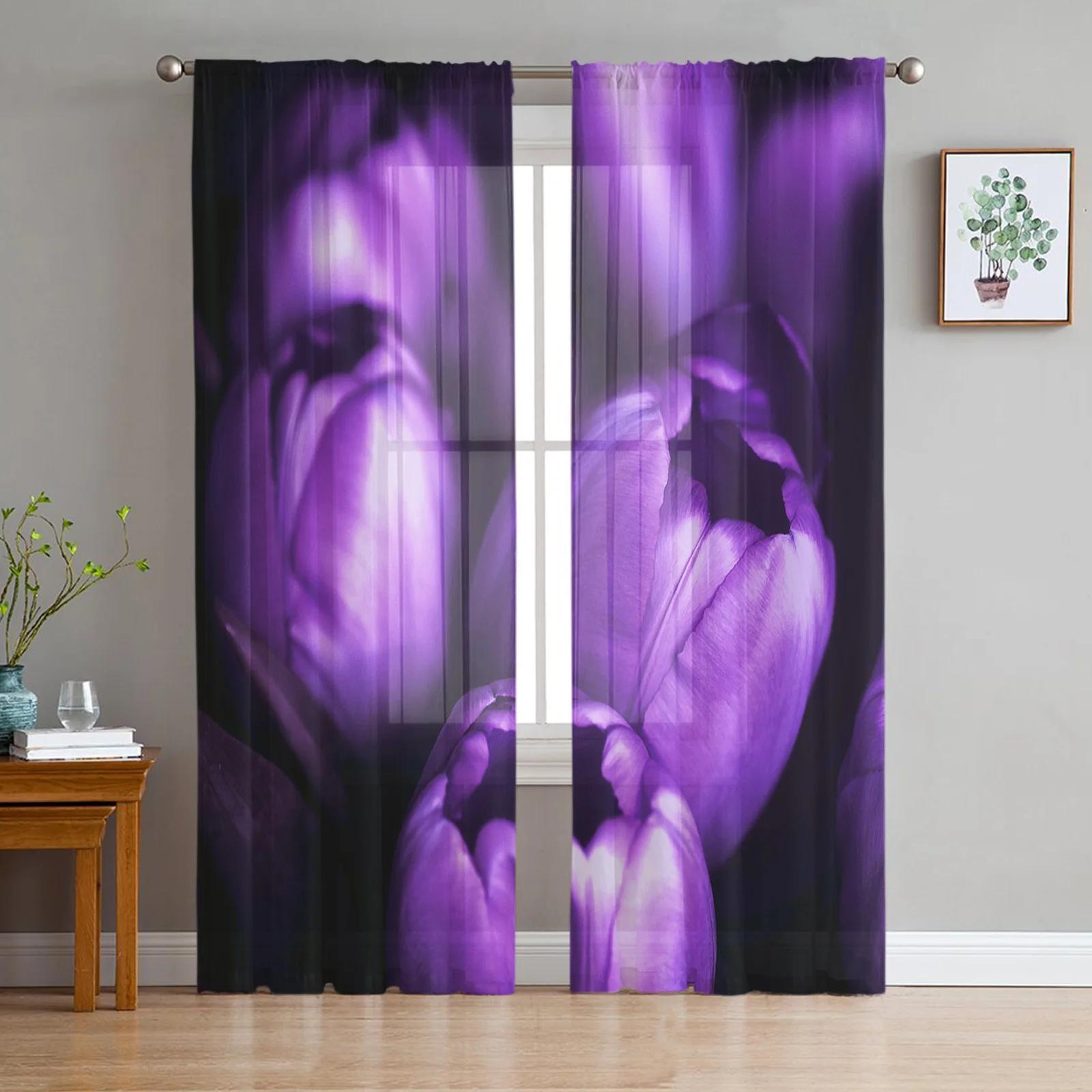 

Spring Tulips Easter Mother Day Flowers Tulle Curtains Living Room Home Kitchen Decor Bedroom Window Drapes Light Filtering Made Of Polyester Sitting W100*H130(CM)-Rod Pocket&2PCS