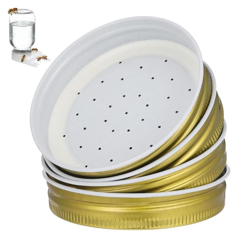 10Pcs Bees Entrance Feeders Perforated Iron Jar Lid Bees Hives Waterer Bees Canning Feeder Beekeeping Supplies