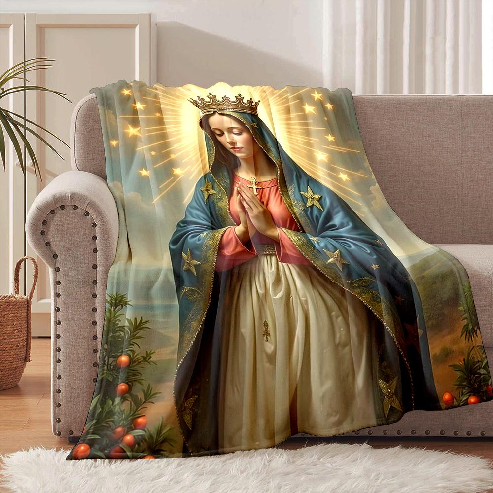 1PC Virgin in blue robe crown Faith-printed Flannel Blanket Soft and Warm Suitable for Home Travel Picnics Camping and RV Use