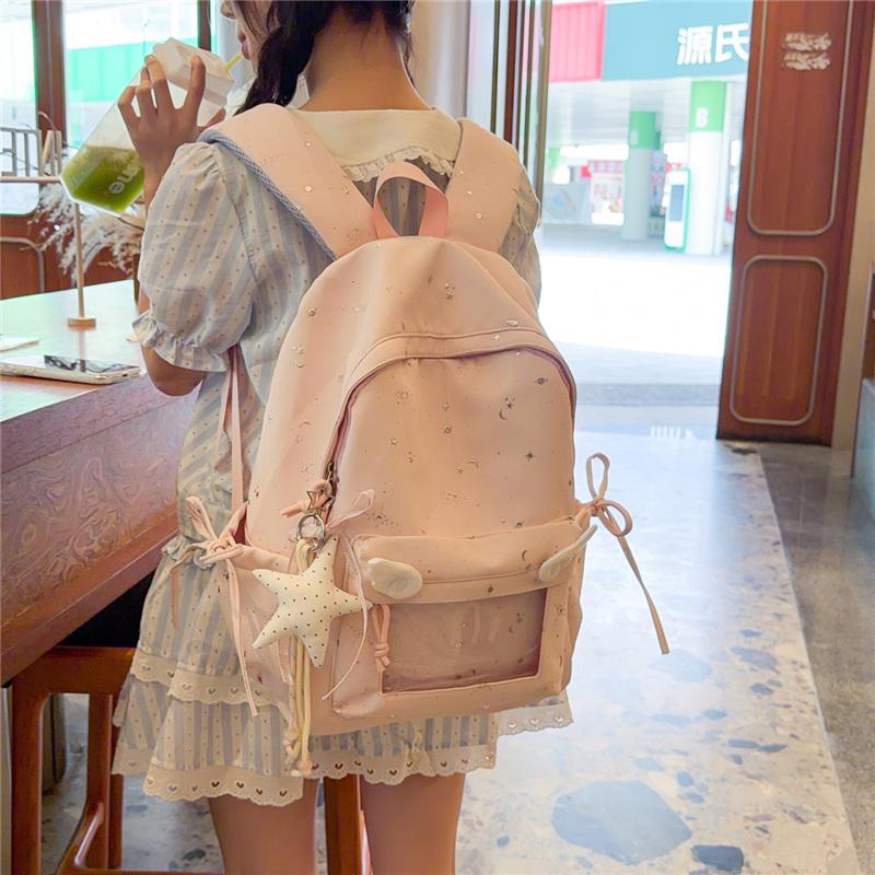 Cute Starry Print Backpack for Women, Lightweight School Bag with Front Mesh Pocket and Side Pockets