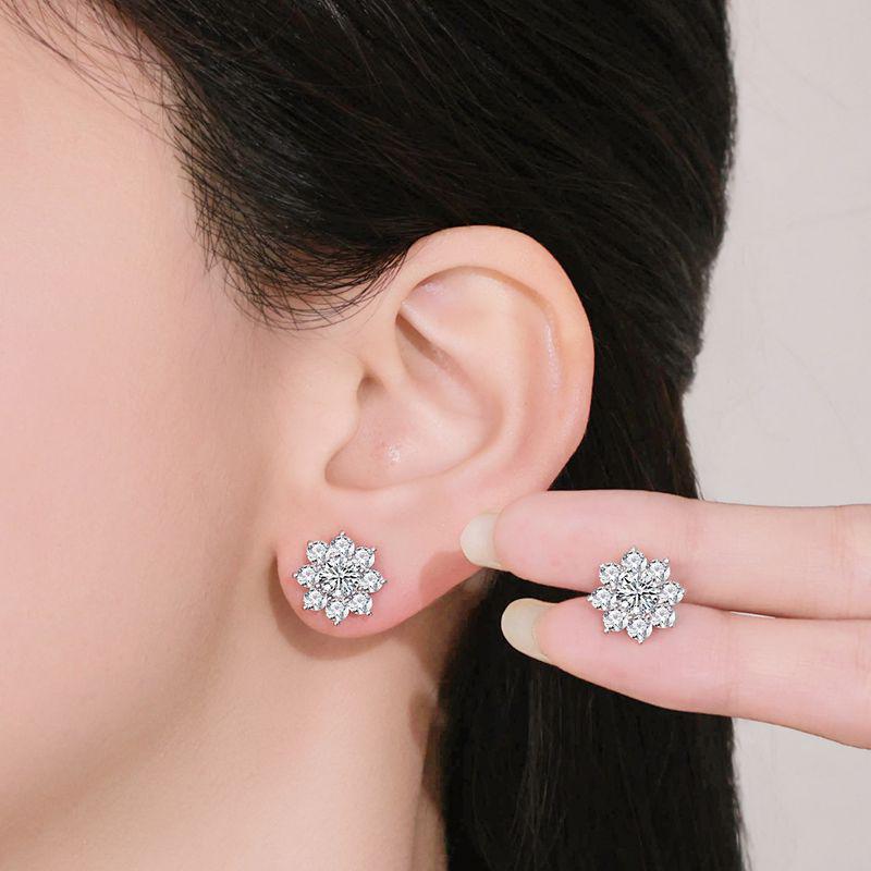

925 Sterling Silver Snowflake Moissanite Stud Earrings, 950 White Gold-Plated Fairy Sunflower Design, Women s 50-Point Jewelry. 925 Sterling Silver