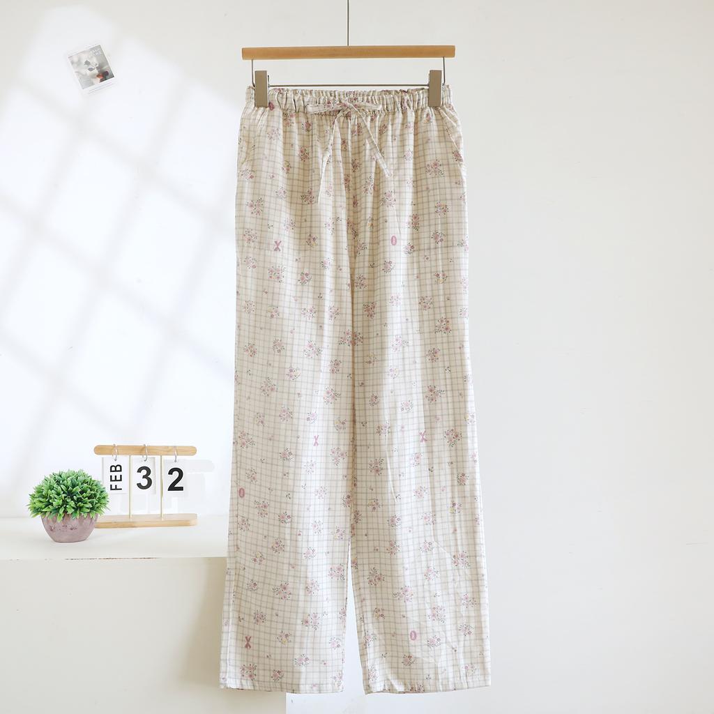 2026 Spring/Summer Women's Sleeper Pants 100% Cotton Gauze with Floral Pattern Grid Gauze Pants Thin Home Pants Bottoms Womens