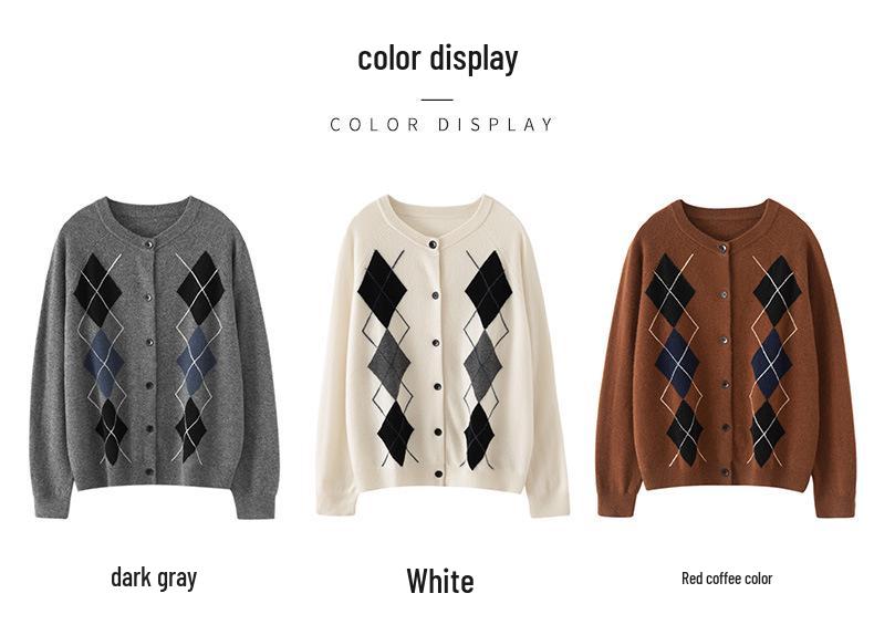 Women's Autumn Winter French Retro Cashmere Diamond Pattern Cardigan Sweater
