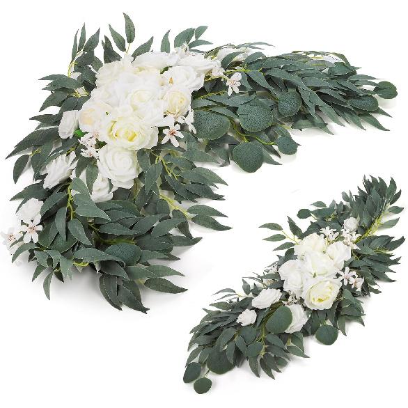 2 Pack Artificial Wedding Arch Flowers, 28”/20” Floral Swag Arrangement Set, Wedding Welcome Signs Floral Decorations Kit for Ceremony Reception,