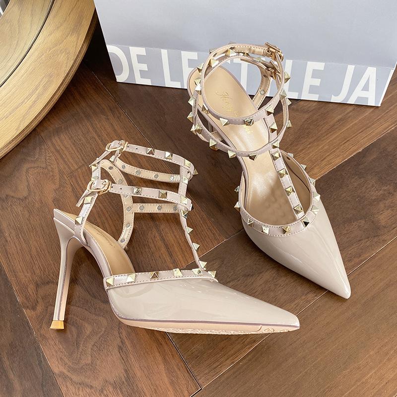 Naked gray rivet high heels women's thin heels new temperament sexy royal sister pointed head word with bag head sandals