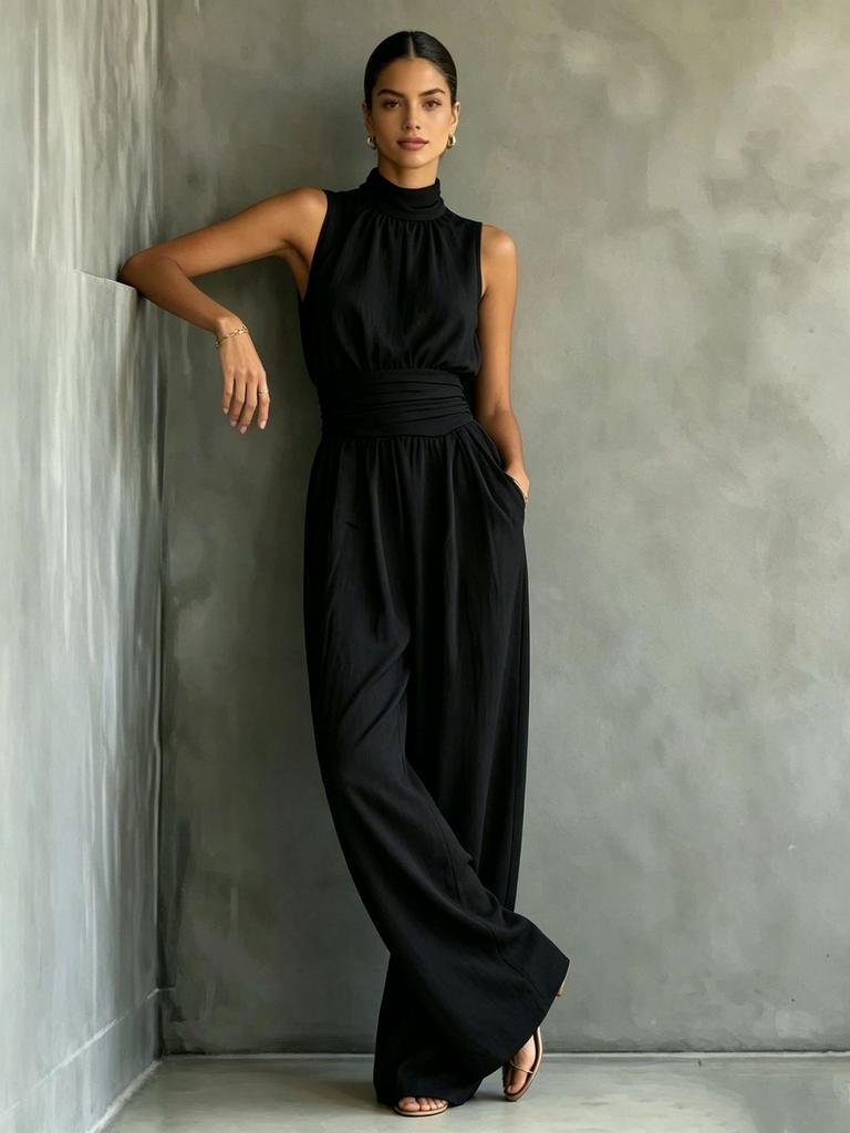 Europa e America estate 2026 tuta senza maniche con collo semi-alto a gamba larga da donna tinta unita casual moda pantaloni