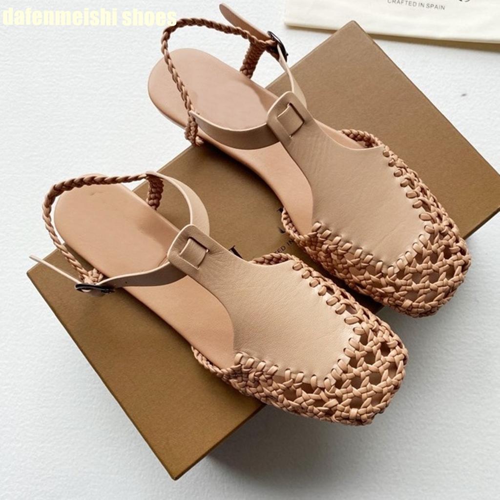 Fashion Flat Genuine Leather Woven Sandals Women's Hemp Rope Square Toe Summer Roman Shoes Singback Solid Color Fashion Shoes