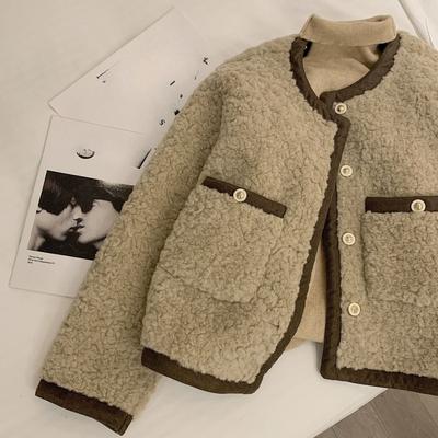 Women Winter Fashion Short Shearling Coat Color Block Faux Fur Jacket Casual Outerwear