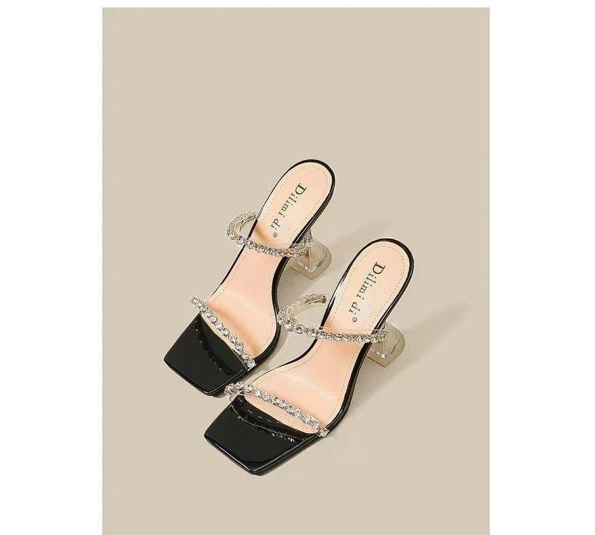 In the Summer of 25 Years, the New Rhinestone One-word with High-heeled Cool Slippers for Women's Thin-heeled Transparent Beautiful Silver High-heeled