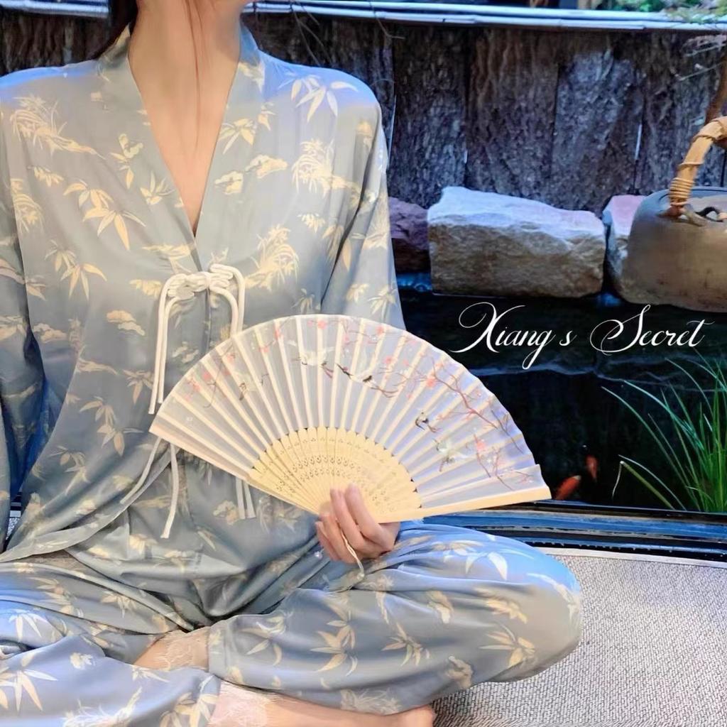 New national style pajamas women's ice silk new Chinese bamboo forest wind women's loungewear suit can be worn outside
