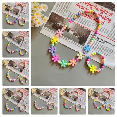 Korean Cartoon Kids' Candy Color Beaded Necklace & Bracelet Set with Flower Bowknot & Hanger