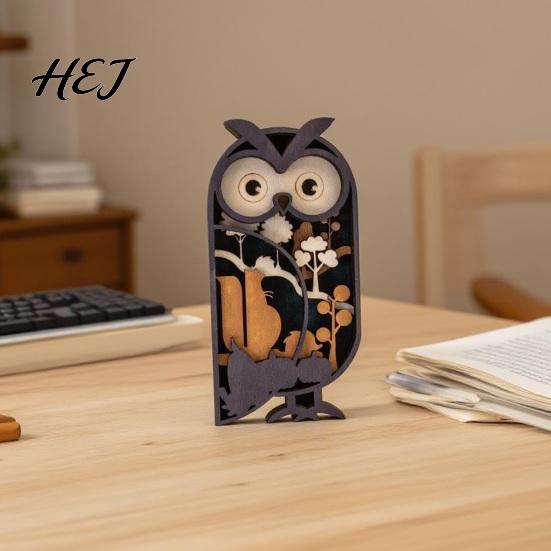 Natural Poplar Wood Tabletop Decor Multi Layer Wooden Owl Figurine, 3D Layered Crafts, Creative Decorative Animal Statues Carving Ornaments