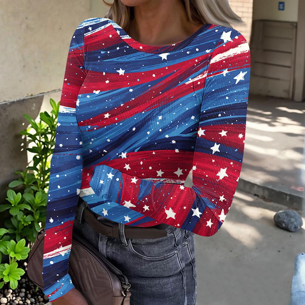 Damen Freizeit Langarm Rippstrick Oberteil Rundhals Pullover Amerikanische Flagge Print Leicht Dehnbares Shirt für den Alltag
