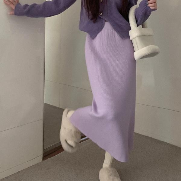Gonna Midi Dritta Invernale da Donna in Maglia Pile Monopezzo Viola a Vita Alta Foderata in Pile Spessa