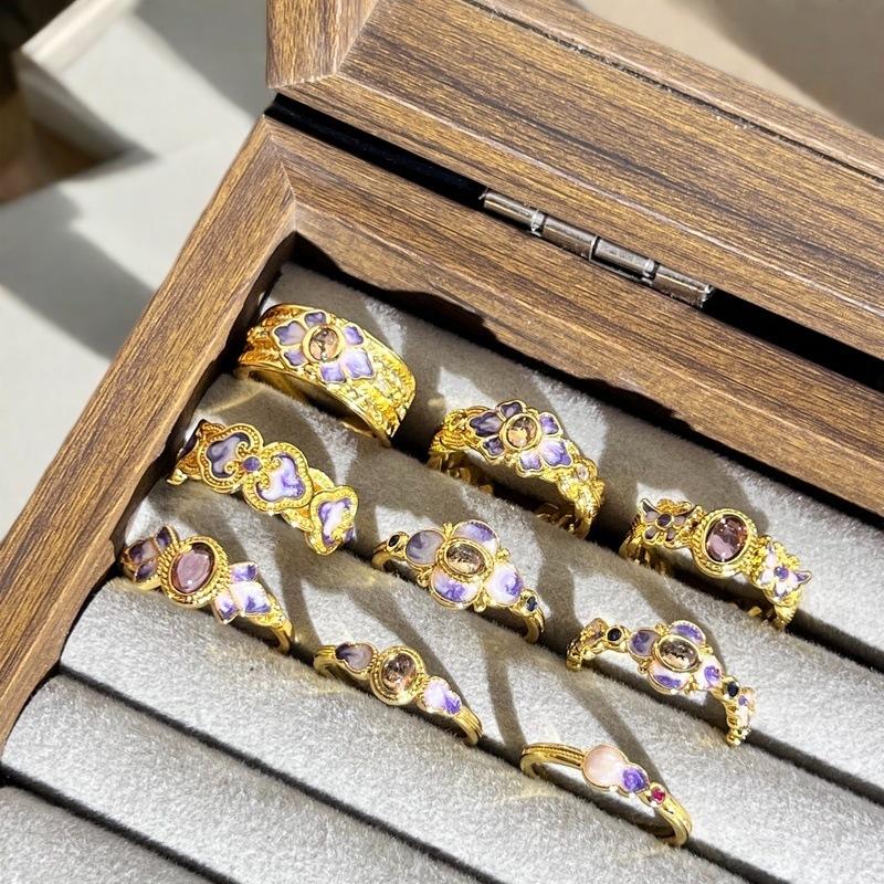 Violet Purple Enamel Drip Open Ring Medieval French High Sense Flower Ring Female