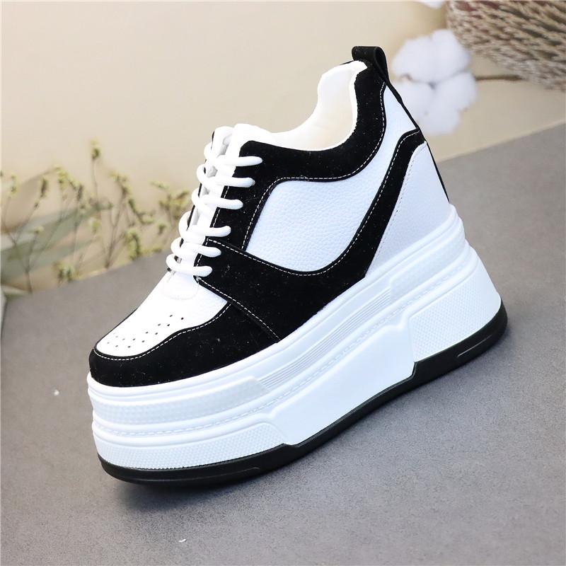 Móda 12CM Pravá kůže Silná podrážka Kotníkové boty Šněrovací Podzim Jaro Skryté podpatky Módní Vulkanizovaná obuv