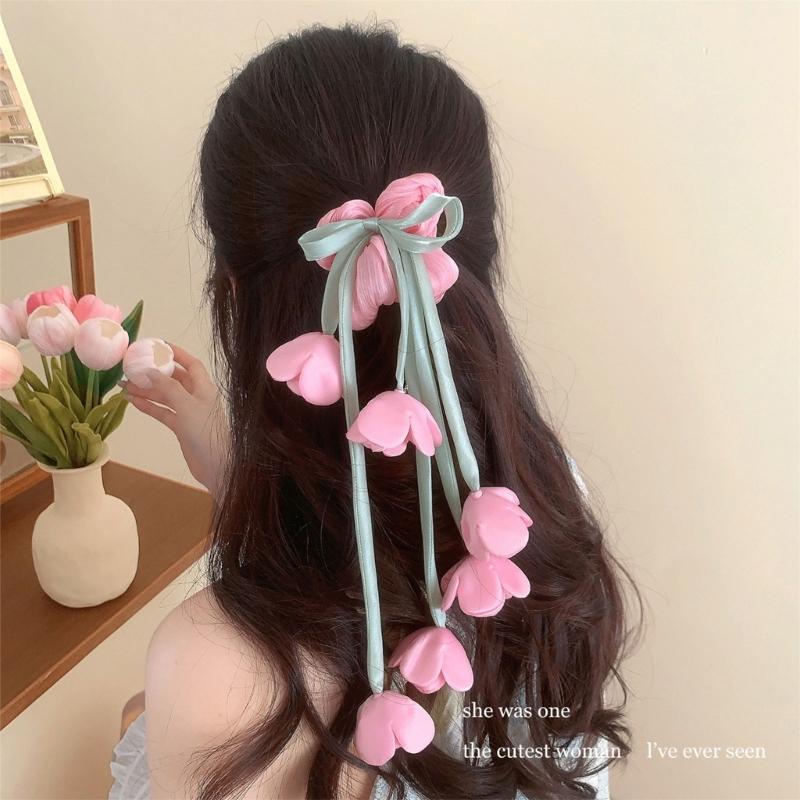 Elegant Floral Tulle Scrunchie With Fringe Detailing Headbands Rope Hair Band For Everyday Styling