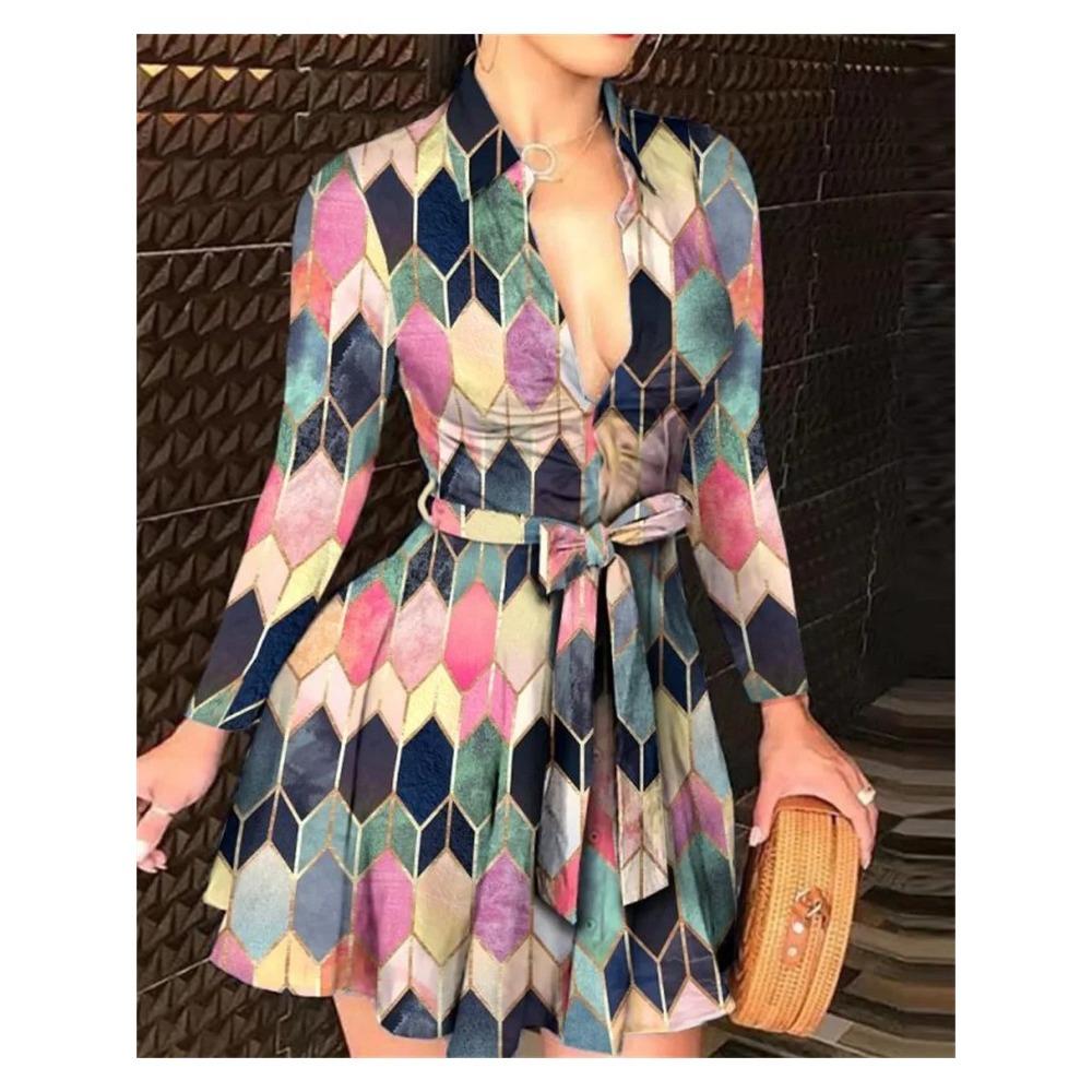 Summer New Women's Long Sleeve V-Neck Tied Fashionable Sexy Printed Dress