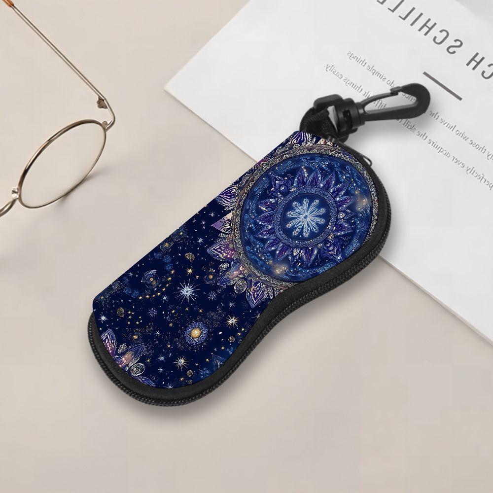 2D-Celestial Mandala Pattern Zipper Sunglasses Case, Protective Eyewear Holder with Galaxy Moon Star Print, Portable Travel Eyeglasses Box for Women M