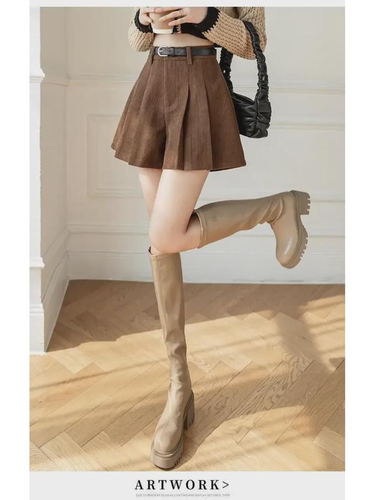 2023 Autumn/Winter Women's Plus Size High Waist Corduroy A-Line Wide-Leg Pleated Shorts