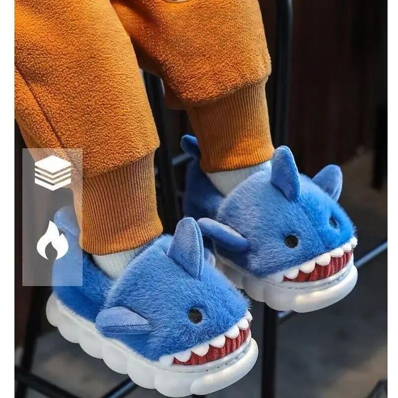 Warm Winter Kids Shark Cotton Slippers Non-Slip Soft Sole Cute Cartoon Plush Home Shoes for Boys Girls Indoor Outdoor