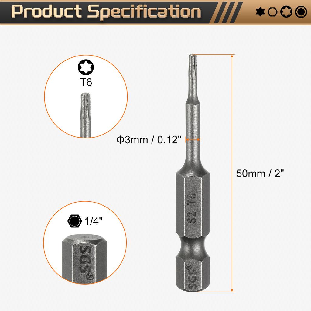 Torx Head Screwdriver Bit T5-T50 1/4" Hex Shank 50mm Magnetic No Hole Tip Tamper Proof 6 Point Star S2 Screw Driver Drill Bits