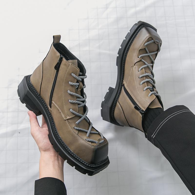 Fashion Autumn New Men Comfortable Lace Up Side Zipper High Top Leather Shoes Fashion Brand Round Toe Thick Soled Non Slip Outdoor Boots