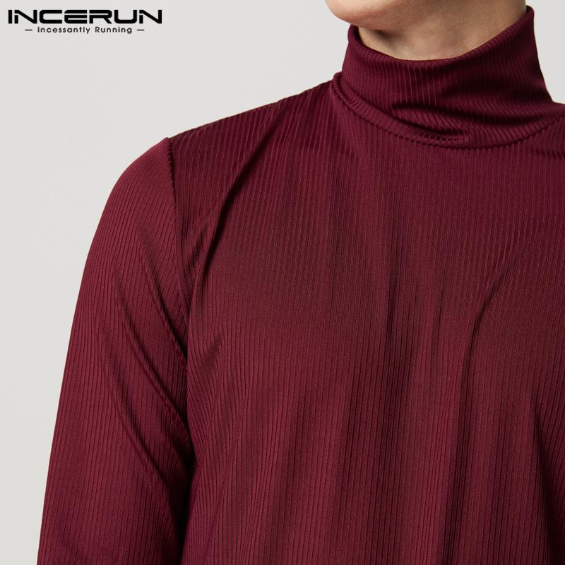 INCERUN Men Turtleneck Long Sleeve Patchwork Irregular Thin Rib Tops Undershirts
