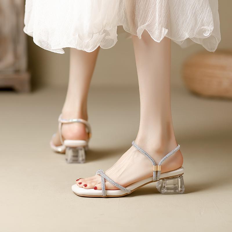 Fashion cross band clear heel sandals women soft bottom summer shoes med-high heels party shoes crystal strap sandalias mujer 2025