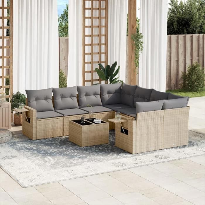 VidaXL Salon de Jardin avec Coussins 9 pcs, Canapés de Terrasse, Ensemble de Meubles de Patio, Mobilier d'Extérieur, Beige 3219958