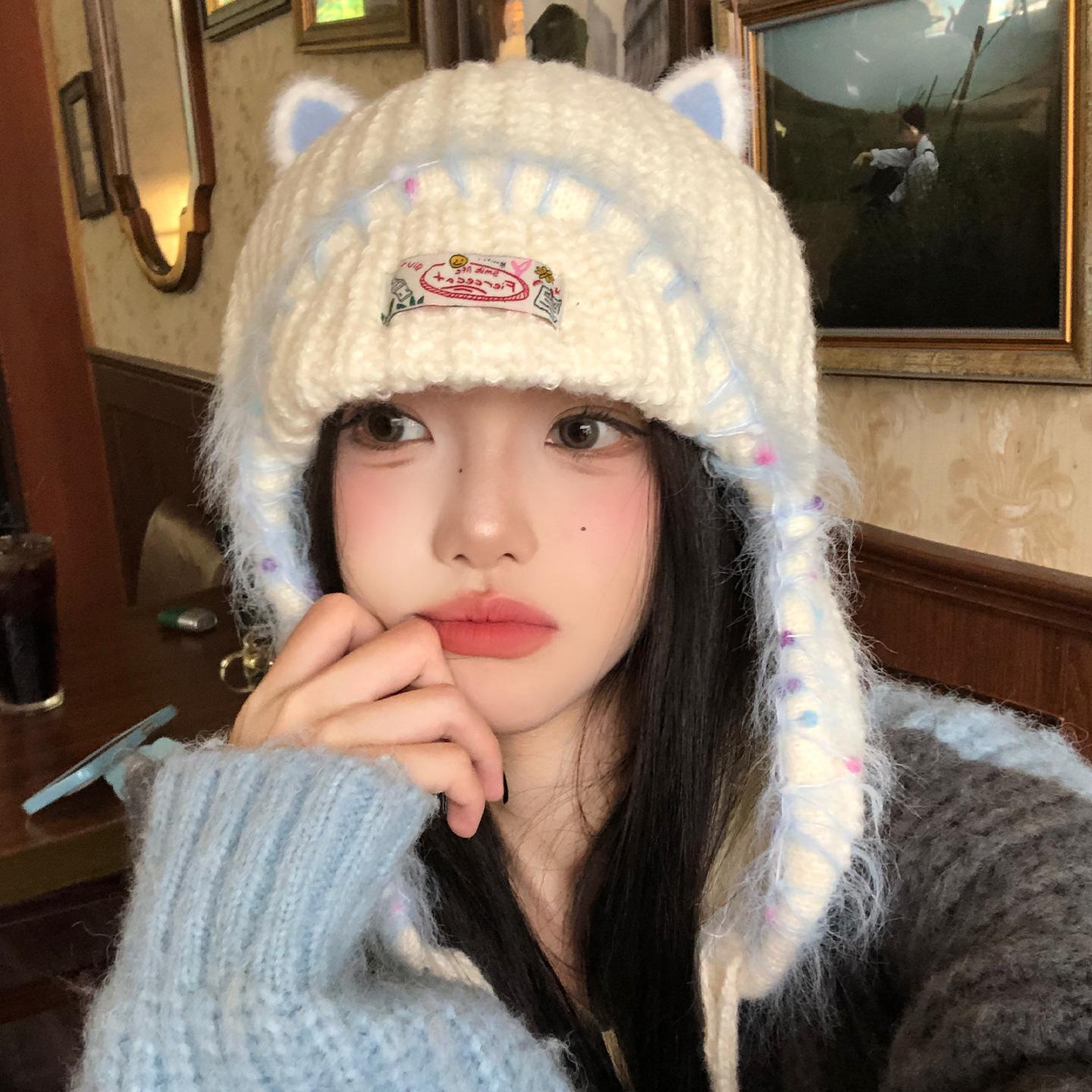 

Cute cat ears ear protection knitted wool hat women s warm Lei Feng hat big head circumference cold protection pullover hat One size fits all