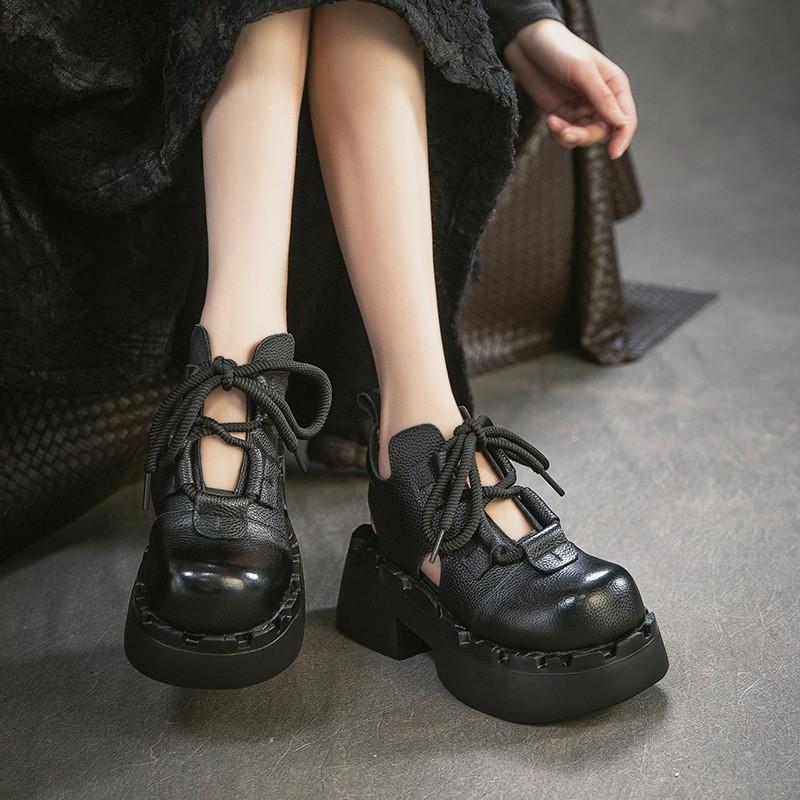 Johnature Retro Sandały z Prawdziwej Skóry z Wycięciami Okrągły Nosek Sznurowane Gruba Podeszwa Buty Damskie