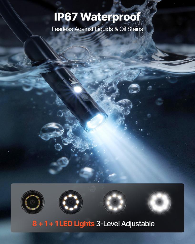 VEVOR Triple Lens Endoscope with Light, 5" HD IPS Screen Industrial Borescope Camera, 1280 X 720 Lens, 8 + 2 LEDs, 8X Zoom