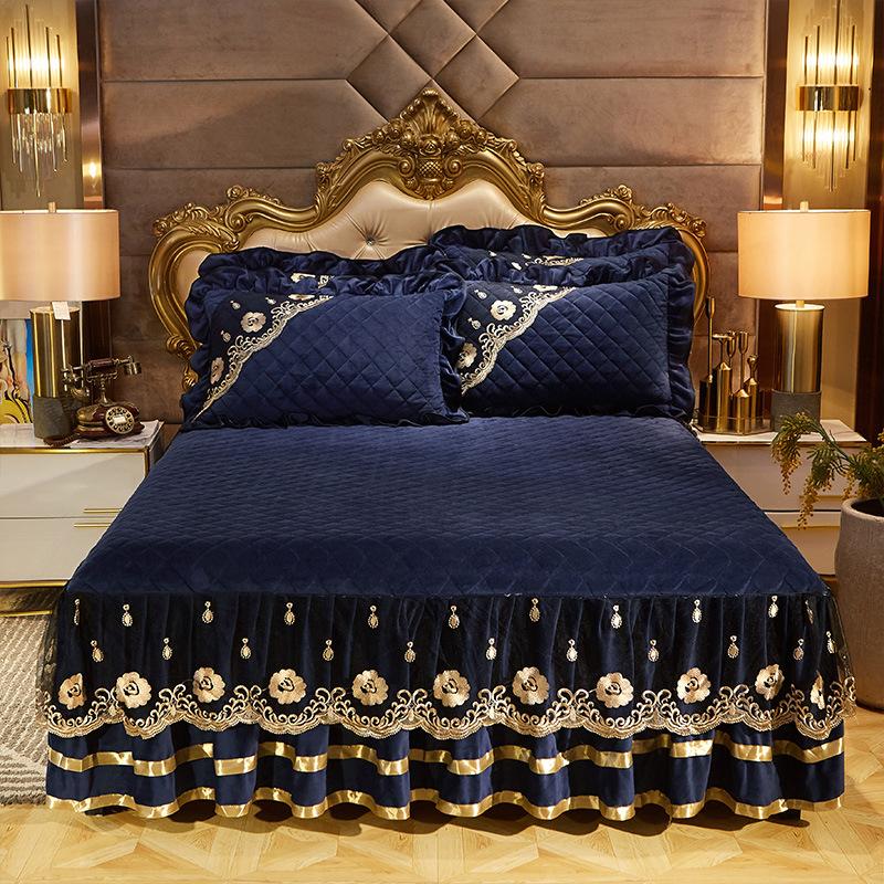 European-Style Crystal Velvet Lace Bed Skirt Winter Fleece-Lined Warm Quilted Bed Cover Bed Skirt Cover Bedding