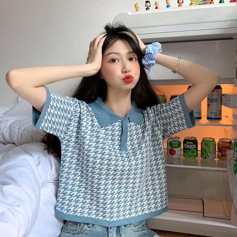 Women's 2022 Summer Korean Polo Collar Knit Short Sleeve Loose T-Shirt