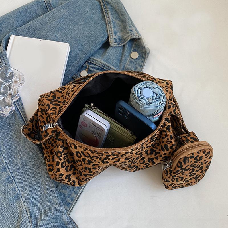 Popular Leopard Print Wide Shoulder Strap Crossbody Bag Fashionable Brown Shoulder Bag Women's Pillow Bag