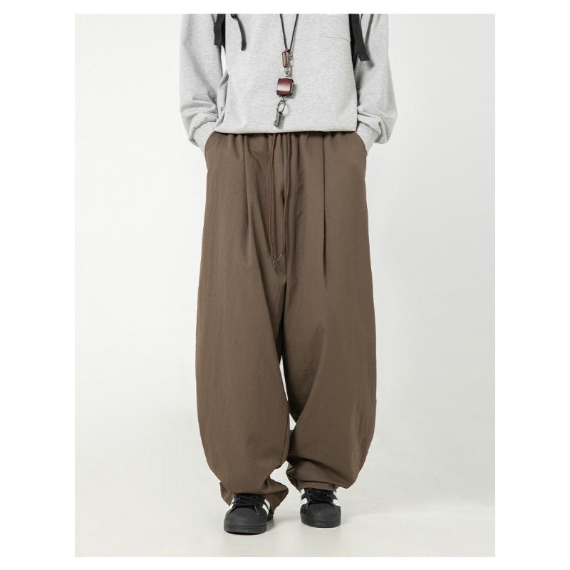 Men S Pleated Loose Straight Leg Casual Trousers Drawstring Waist Retro Pants