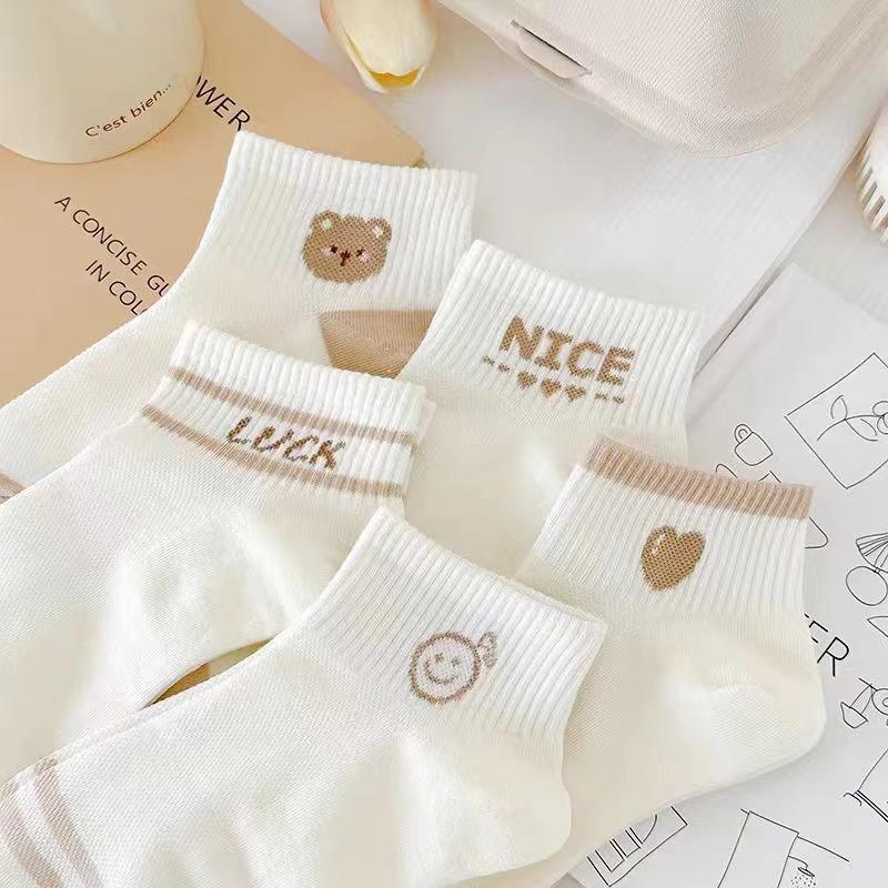 5 pairs/Pack Spring Summer Women's Socks Cute Short Socks Korean Style Bear Smile Face Letters Print Ankle Socks