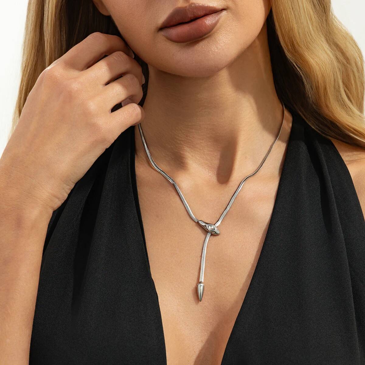 IngeSight.Z Creative Stainless Steel Snake-head Long Pendant Y-shaped Necklace Trendy Jewelry Neck Accessory for Wedding Banquet