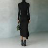 Women's Color Round Neck Long Sleeved Waist Cinched Dress