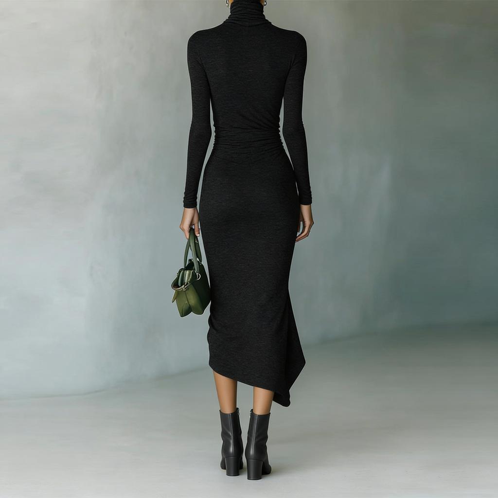 Women's Color Round Neck Long Sleeved Waist Cinched Dress