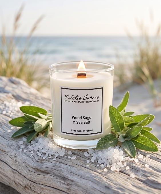 soy candle with a wooden wick + WOOD SAGE SEASALT