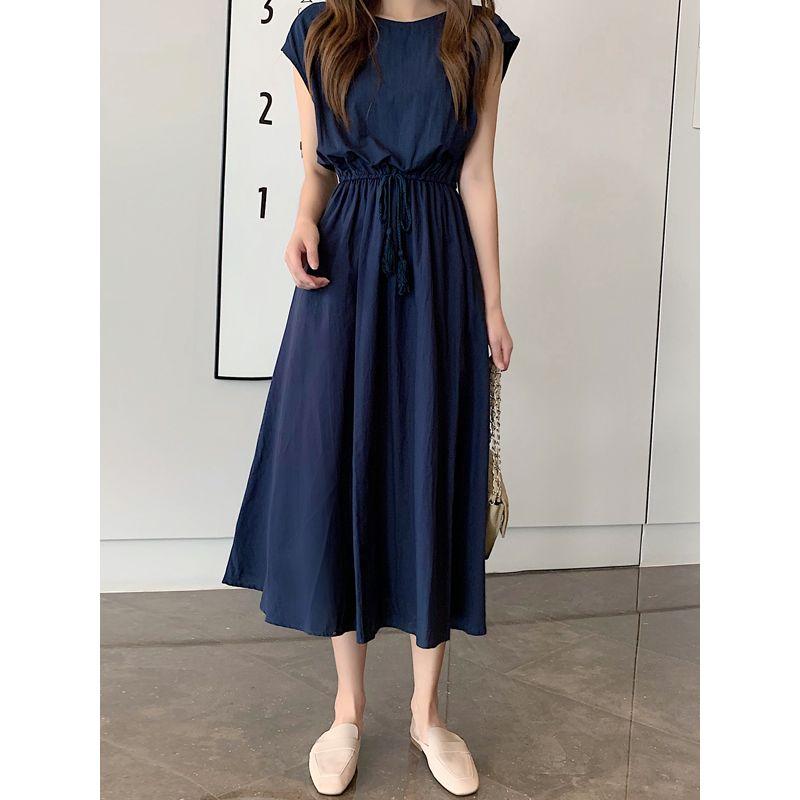 Summer Korean Style New Solid Artistic Student Waist Hugging round Neck Loose Mid-Length Sleeveless Dress Women Dress