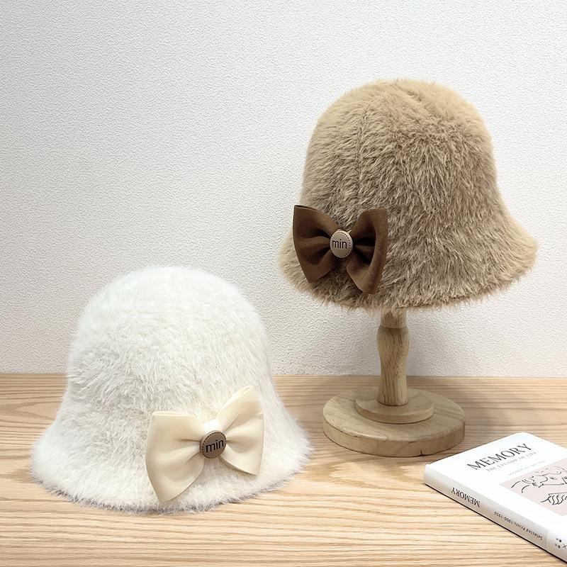 New Autumn and Winter Fisherman Hat with Butterfly Bow Cold Resistant and Warm Solid Color Simple Bucket Hat