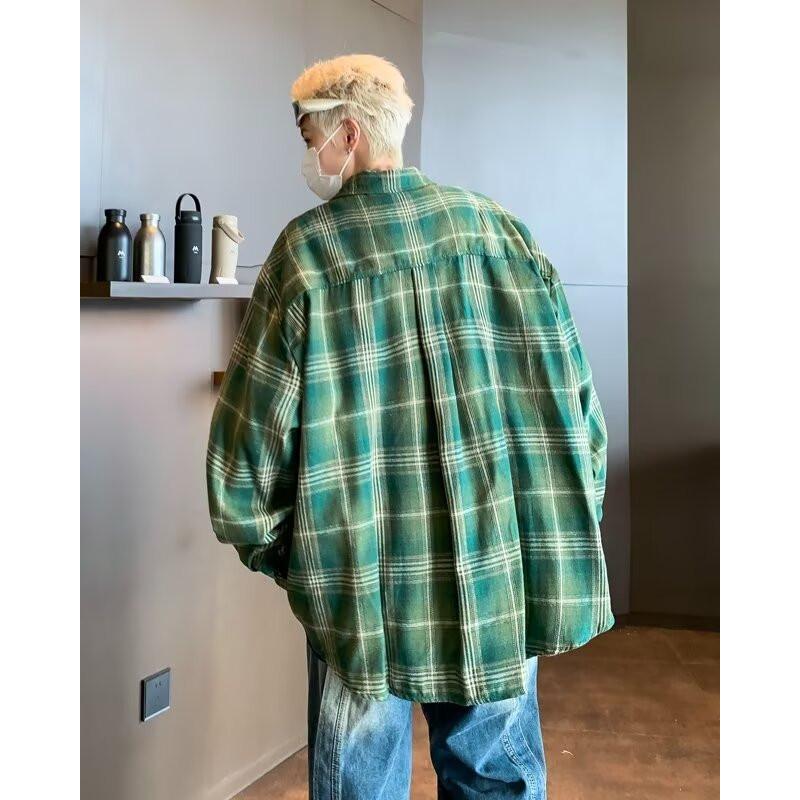 JUMPNEXT Trendy Brushed Plaid Shirt Unisex Spring Vintage American Style Loose Long Sleeve Shirt Couple Jacket