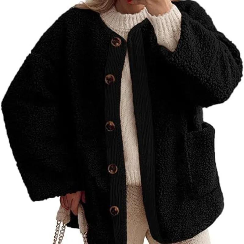 Women's Warm Winter Coats Casual Long Sleeve Button Up Fuzzy Sherpa Fleece Jackets Outerwear