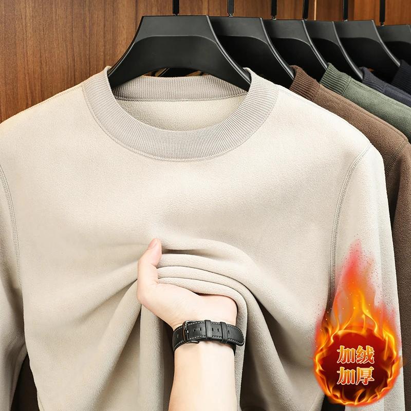 Men's Autumn Winter Velvet Hoodie Long Sleeve Round Neck Solid Color Fashion Casual Versatile Top