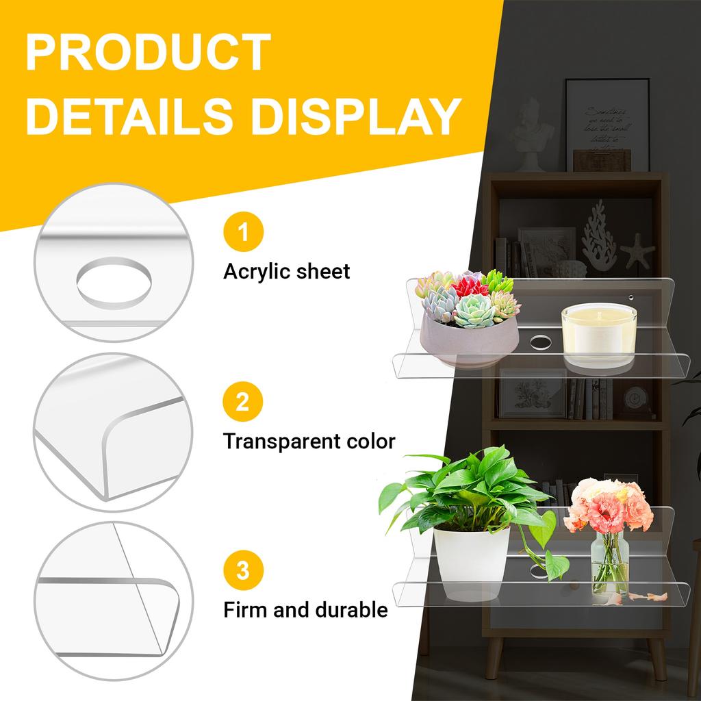 2PCS Clear Acrylic Wall Shelf Floating Book Shelves For Wall, Display Wall Shelves For Bathroom, Bedroom, Kitchen