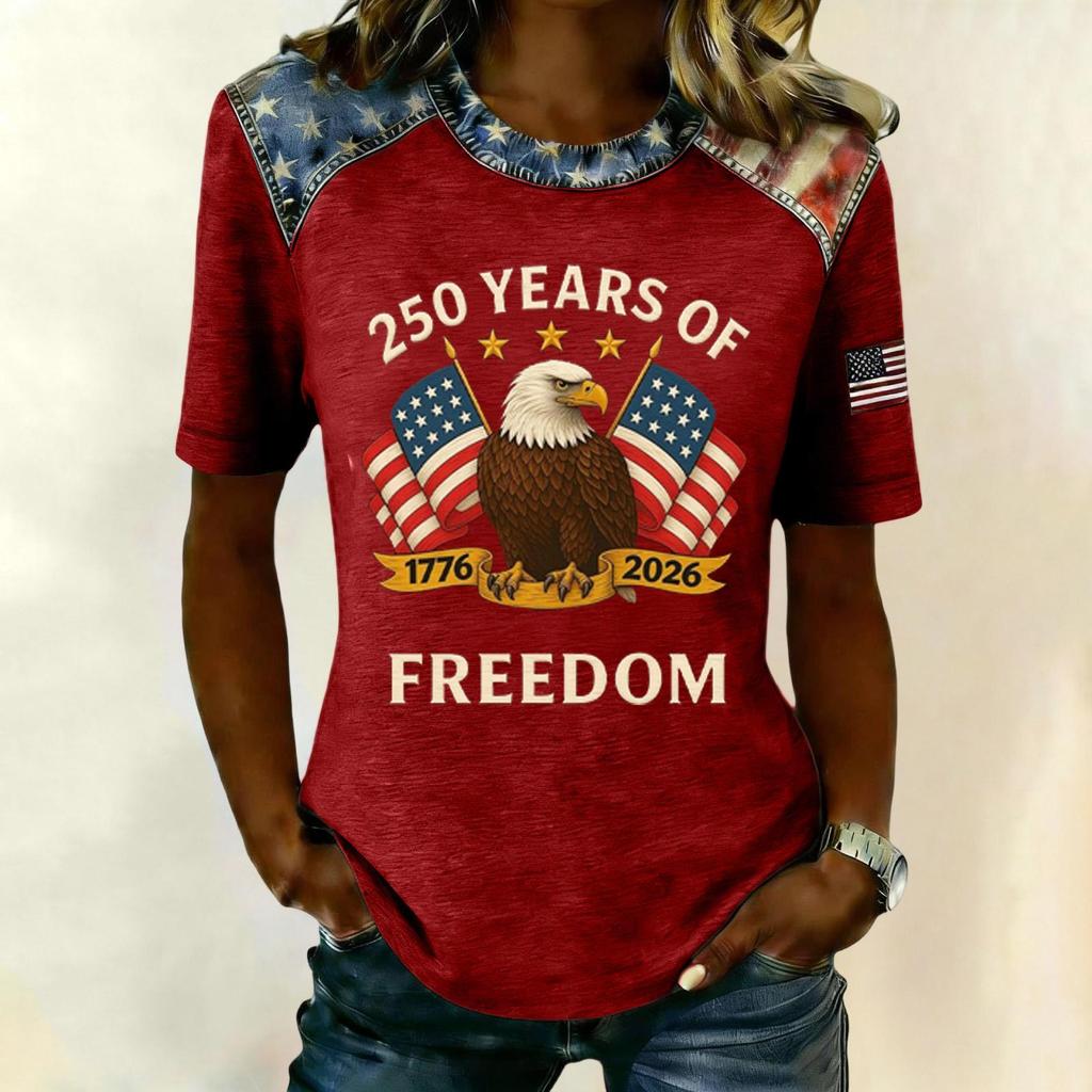 Women's Casual Short Sleeve T Shirt 250 Years of Freedom Patriotic Graphic Tee with Eagle and Flag Print Comfortable Fit
