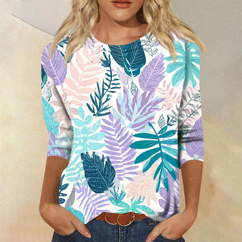 Women's Fashionable Casual Round Neck Three-quarter Sleeve Hawaiian Print T-shirt Top
